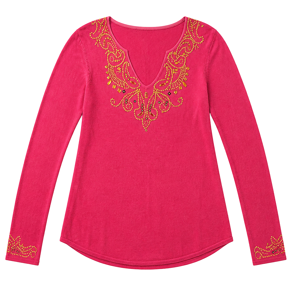 Lucia Burns Beaded Sequin Silk Blend Sweater Size M Pink Long Sleeve 1