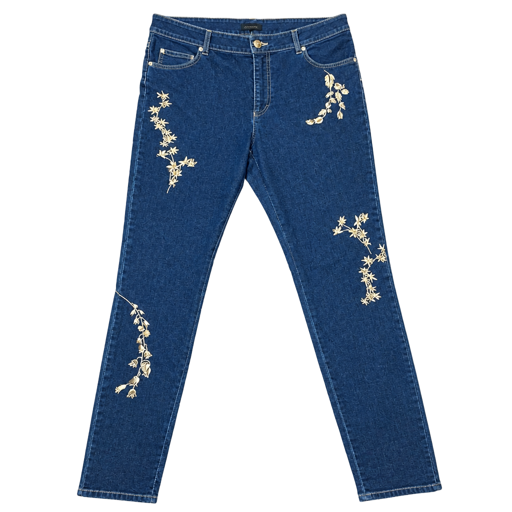 Escada Denim Jeans with Gold Embroidered Floral Vines and Sequins Size 40 1