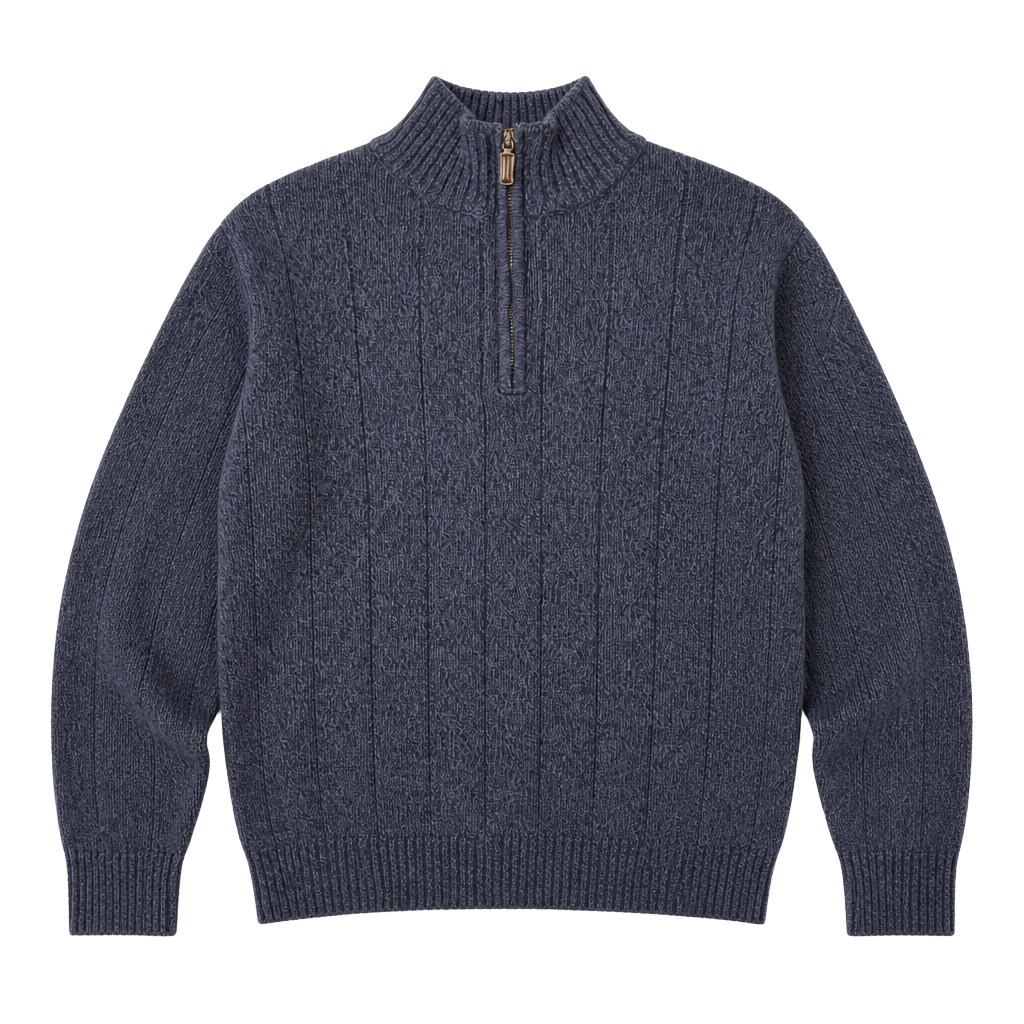 Oscar De La Renta 1/4 Zip Ribbed Knit Sweater Marled Blue Long Sleeve 1