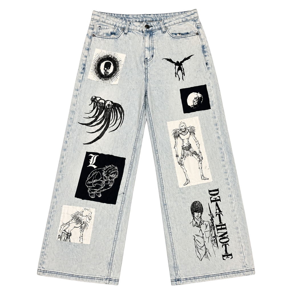 Hot Topic Death Note Custom Patch Wide Leg Light Wash Denim Jeans 1