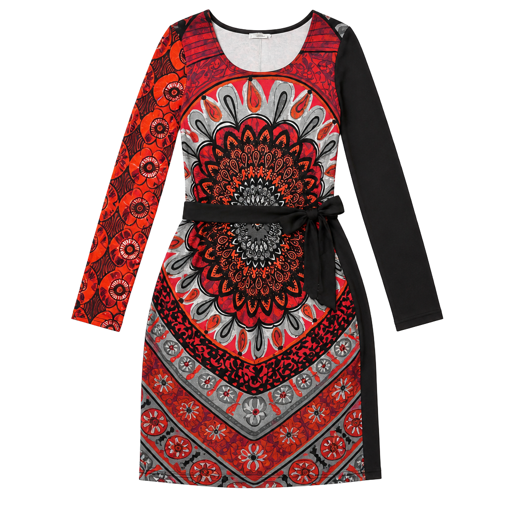Desigual Red Black Abstract Floral Print Belted Midi Dress Long Sleeve Size S 1
