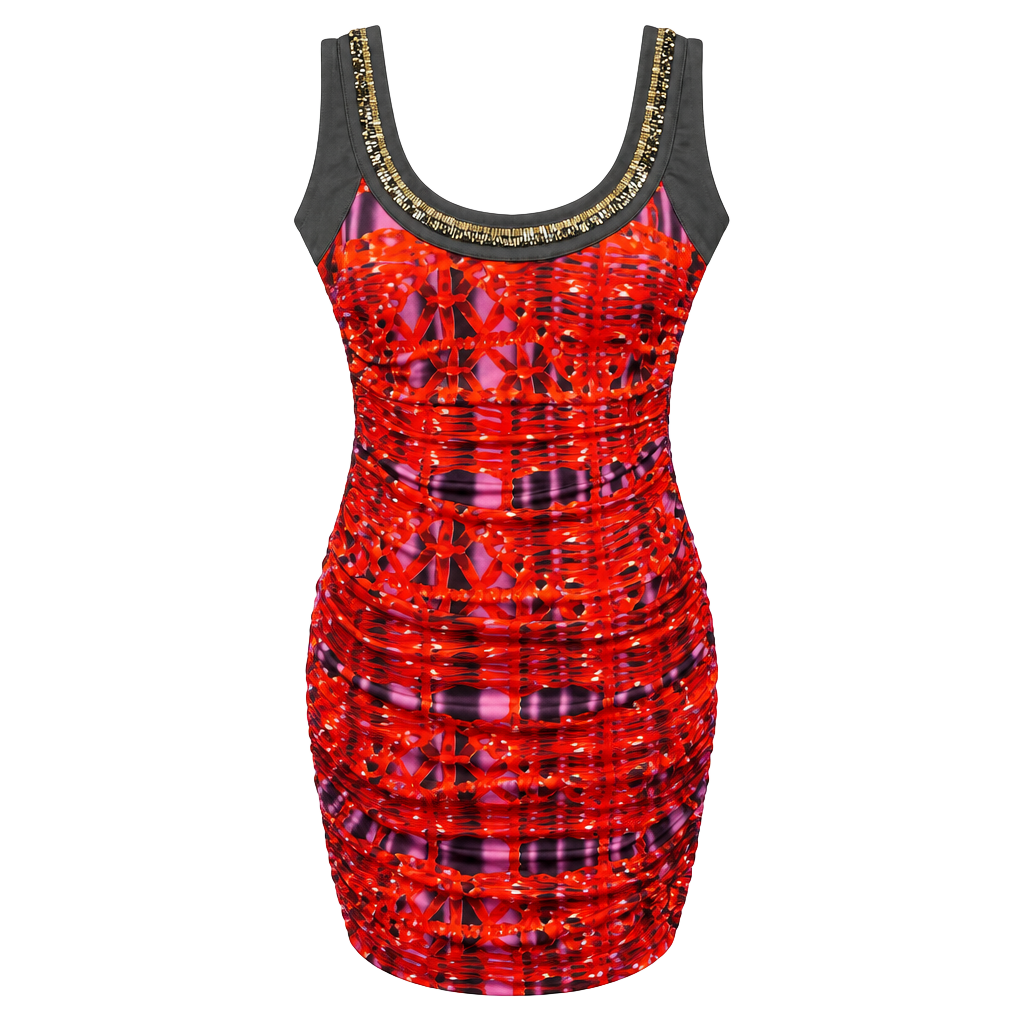 Custo Line Custo Barcelona Vintage Y2K Red Black Ruched Mini Dress Gold Trim 1