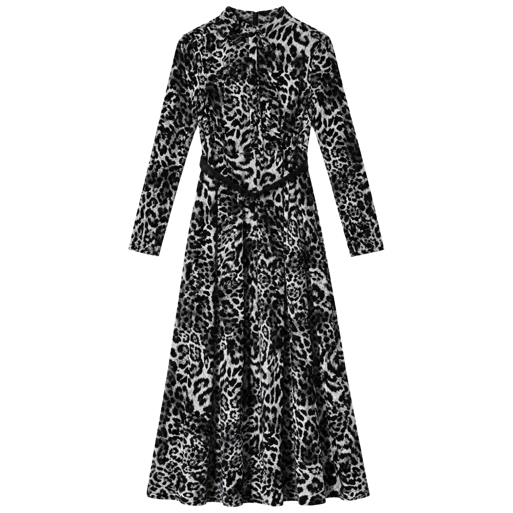 Michael Kors Leopard Print Long Sleeve Dress Size M Black White 1
