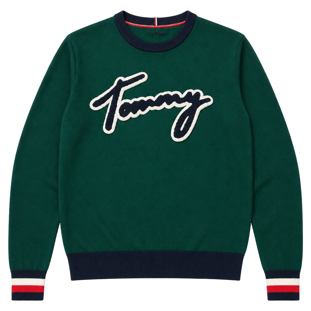 Tommy Hilfiger Men’s Green Y2K Script Logo Crewneck Pullover Sweater, Size M 1