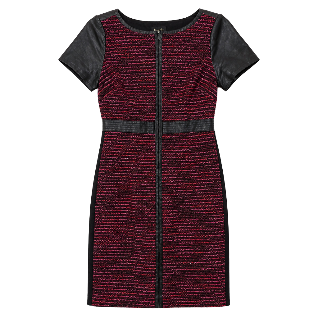 Laundry by Shelli Segal Multi-Color Tweed Sheath Dress with Faux Leather Sleeves and Front Zip 1