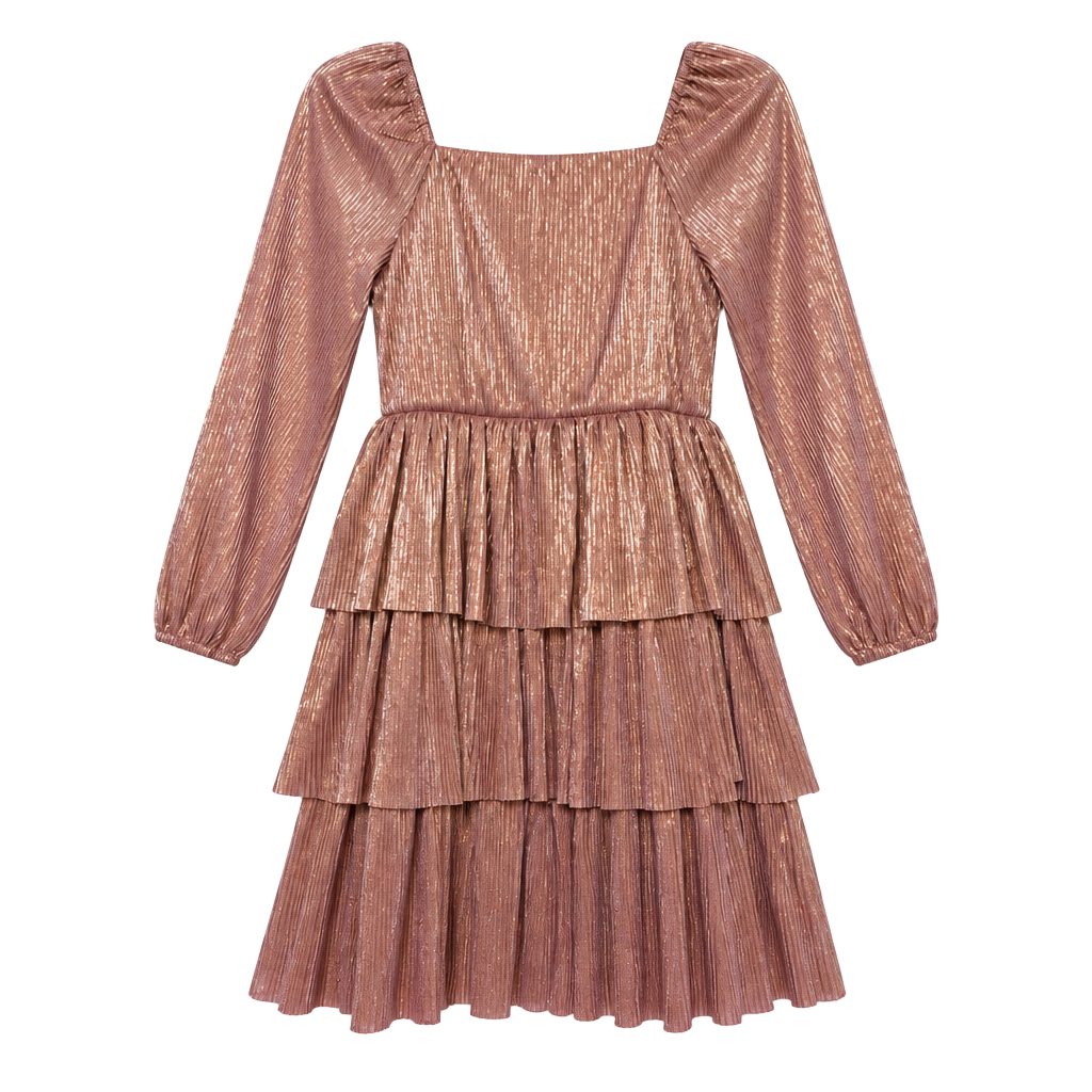 GB Girls Metallic Tiered Dress Size 12 Rose Copper Long Sleeve Plisse 1