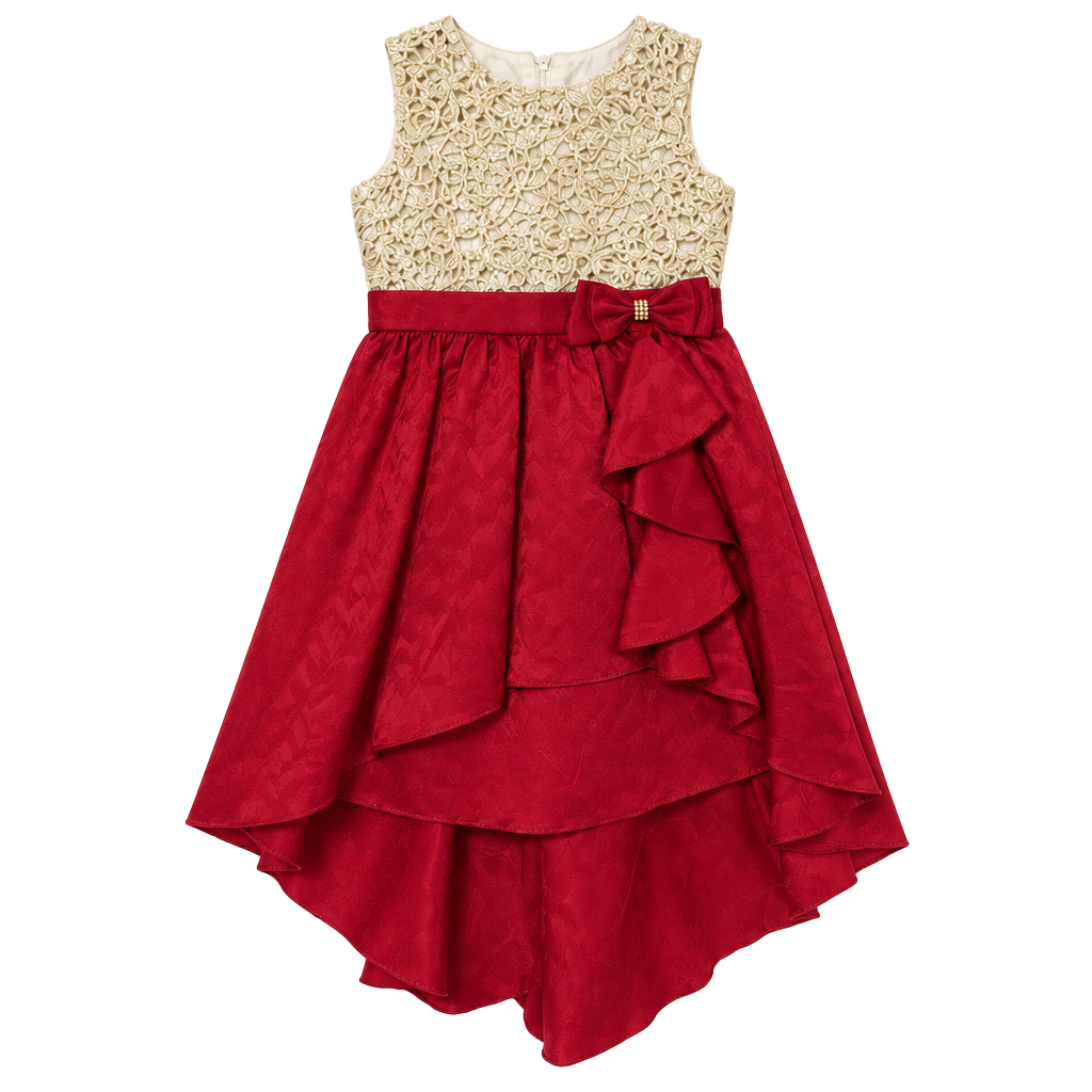 Rare Editions Cascade Bow Dress Size 12 Gold Red Lace Hi-Low Holiday 1