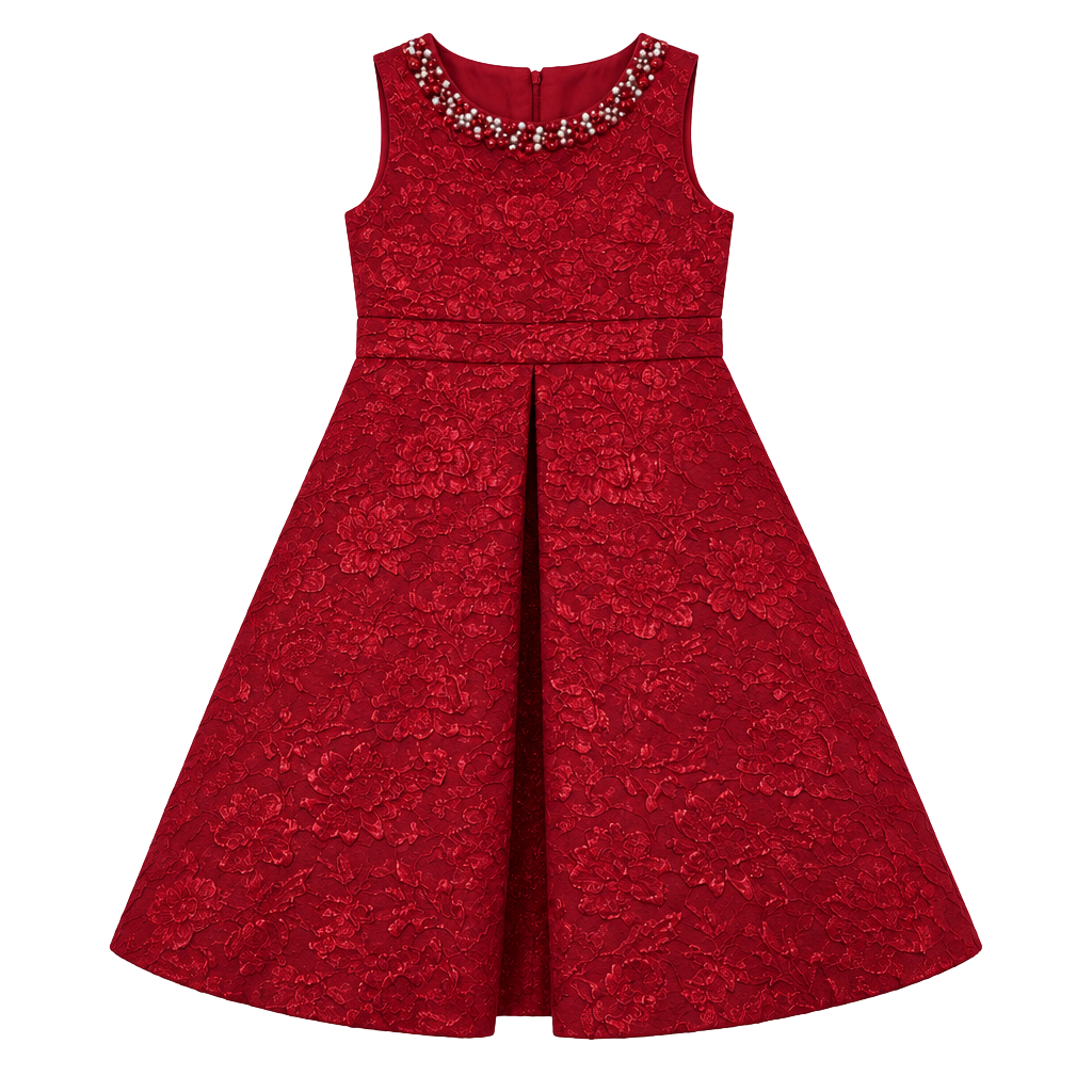 Rare Editions Dress Size 14 Red Brocade Embellished Neckline 1