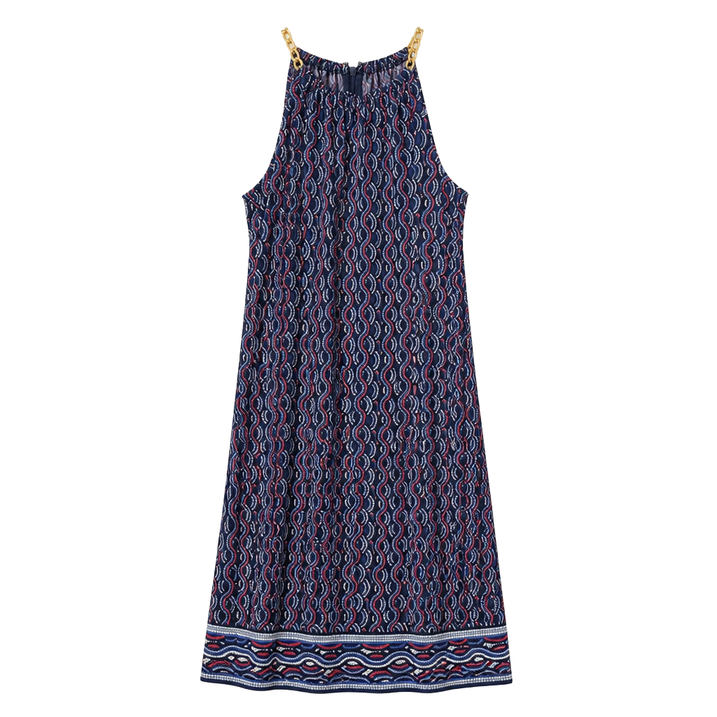 Michael Kors XS Blue and Red Geometric Print Chain Detail Halter Mini Dress 1