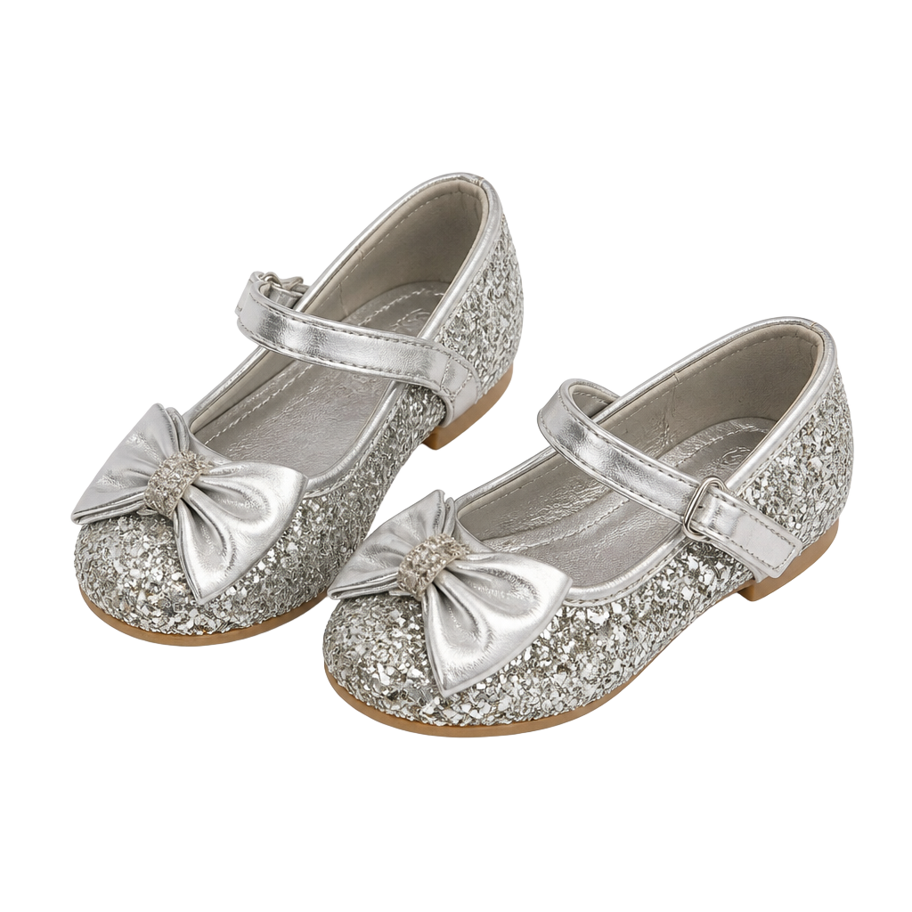 Girls' Silver Glitter Mary Jane Dress Shoes with Bow Low Heel 1