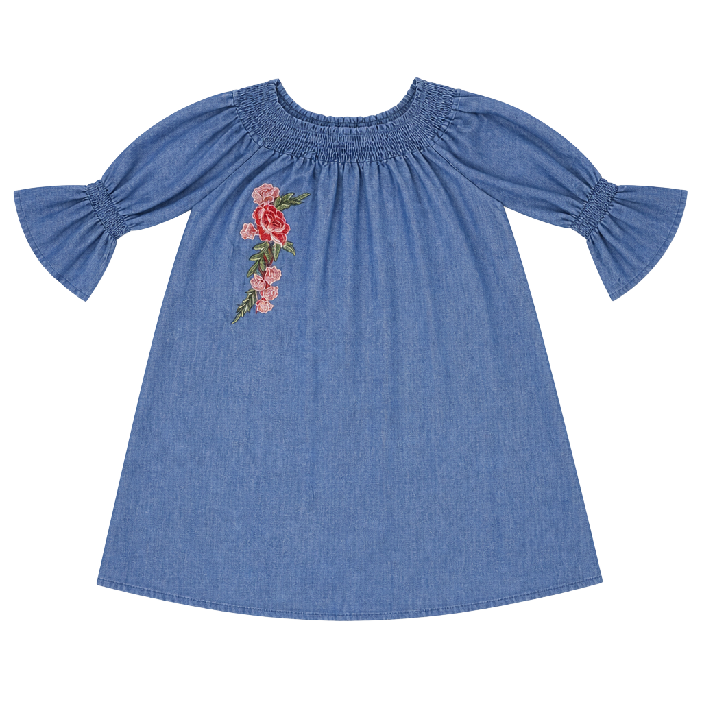 Mlle Gabrielle Blue Denim Off-Shoulder Embroidered Floral Shift Dress 1