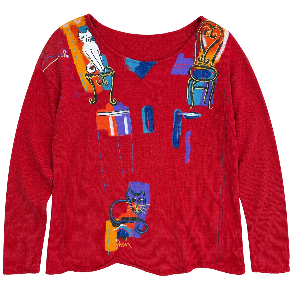 Sarah Hand Painted Originals Novelty Cat Sweater Red Vintage 1