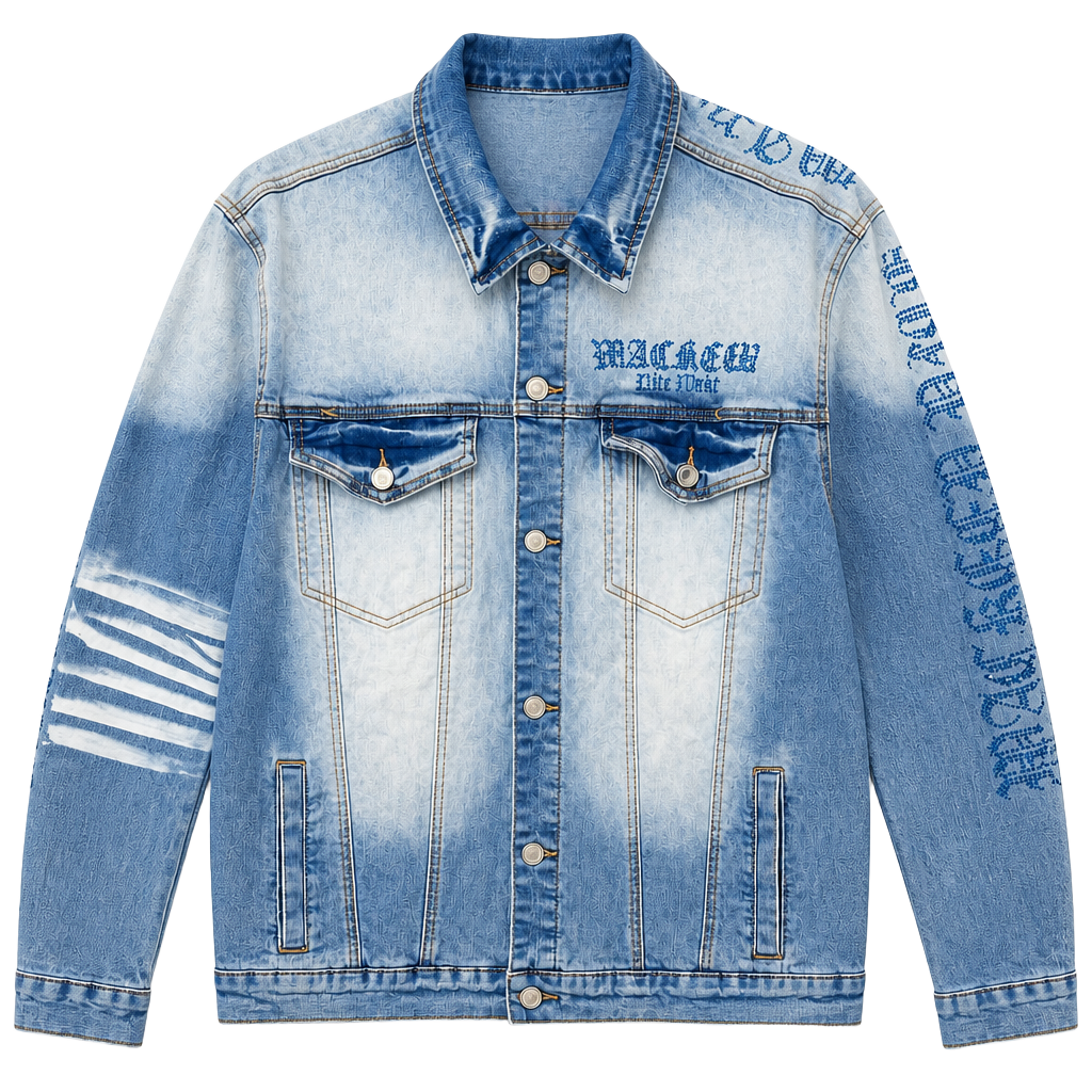 MacKeen Light Wash Crystal Rhinestone Eagle Denim Jacket Size 2XL 1