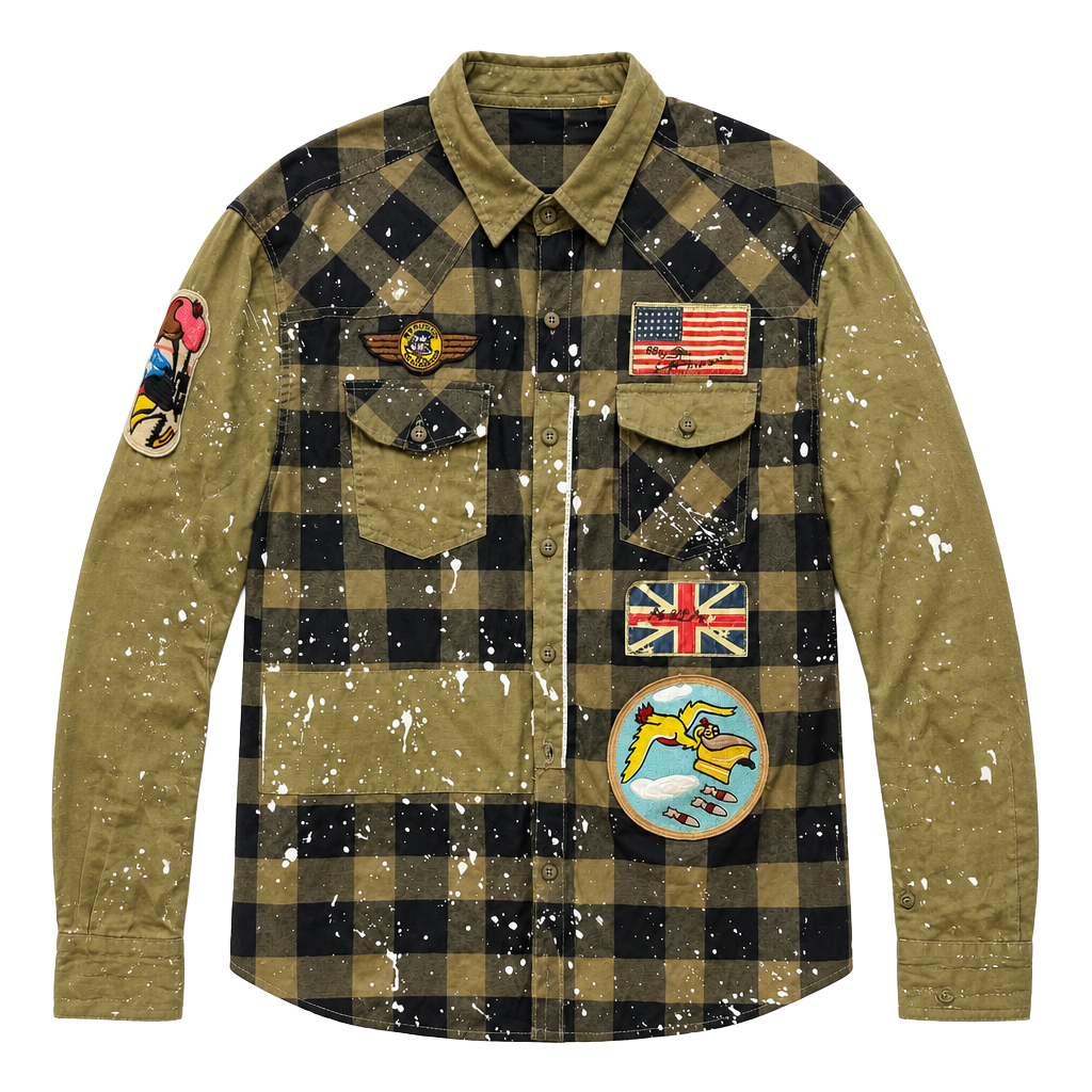 FWRD Denim Club Olive & Black Buffalo Plaid Paint Splatter Button-Down Men's XL 1
