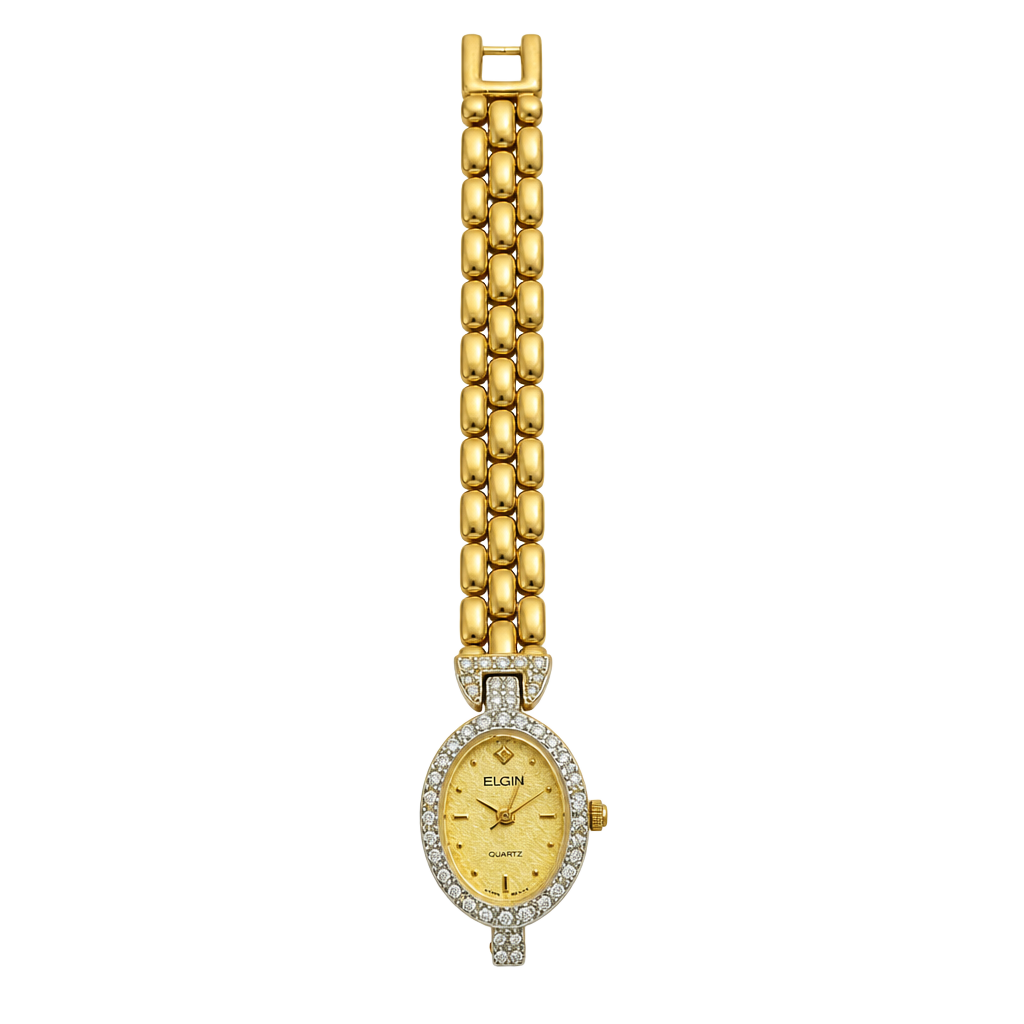 Elgin Women's Gold Tone Oval Quartz Watch with Rhinestone Bezel 1