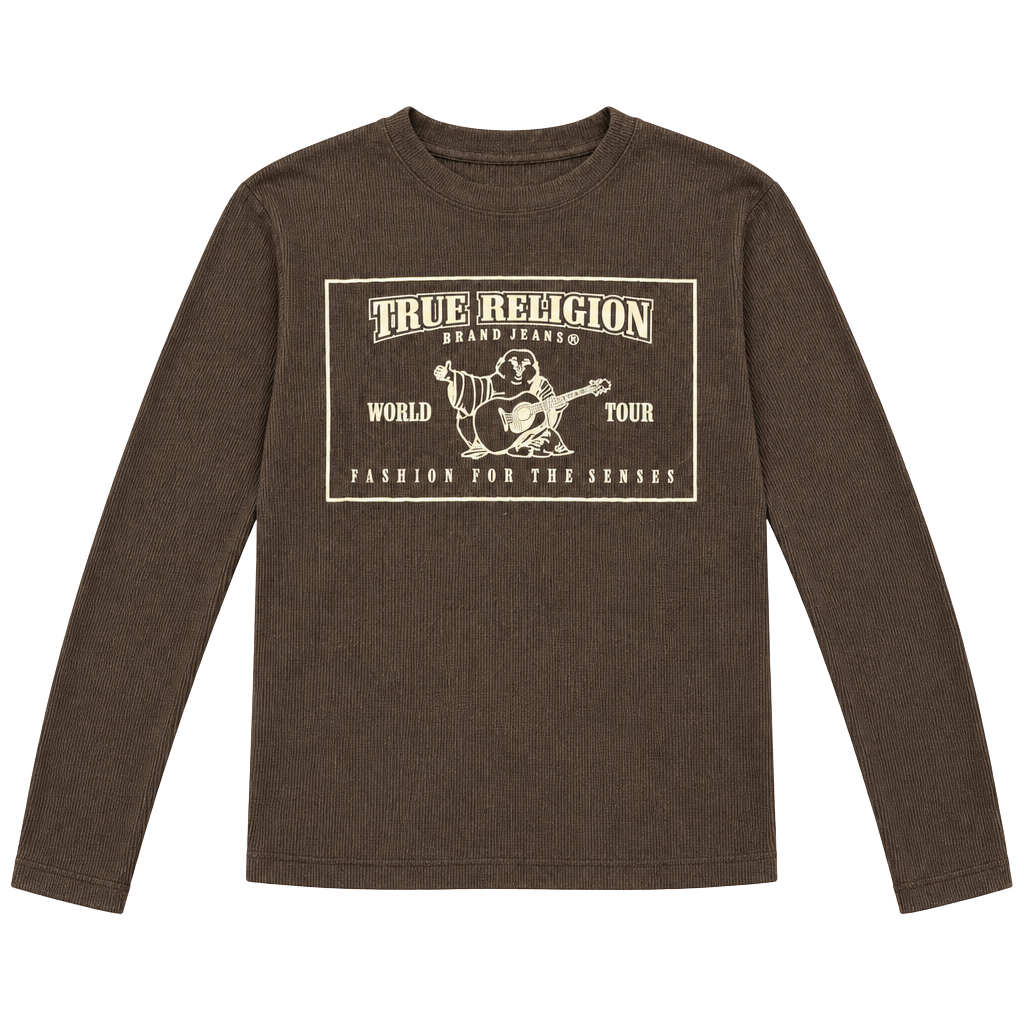 True Religion World Tour Long Sleeve Ribbed Shirt Medium Brown 1