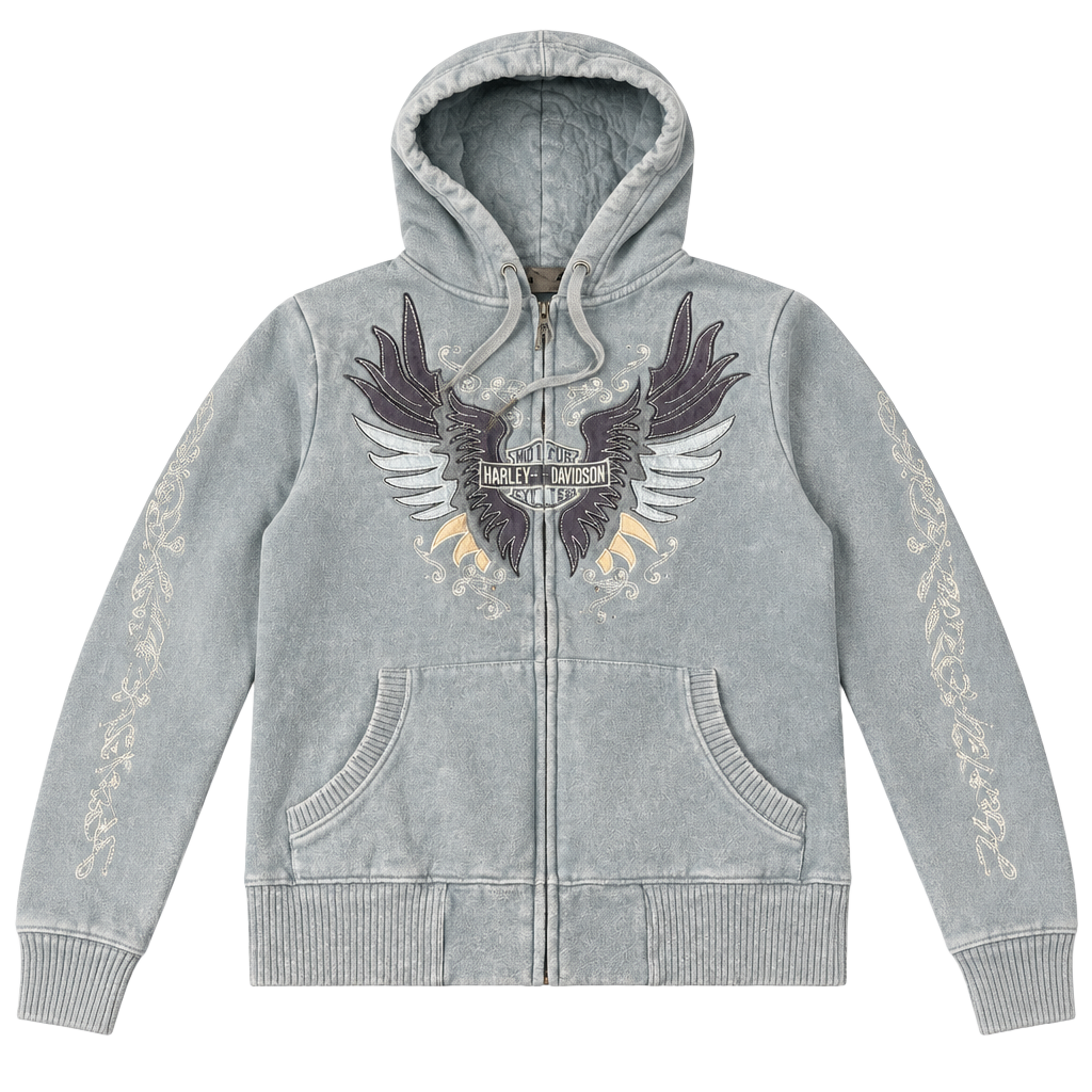 Harley Davidson Zip Up Hoodie Blue Winged Graphic 1