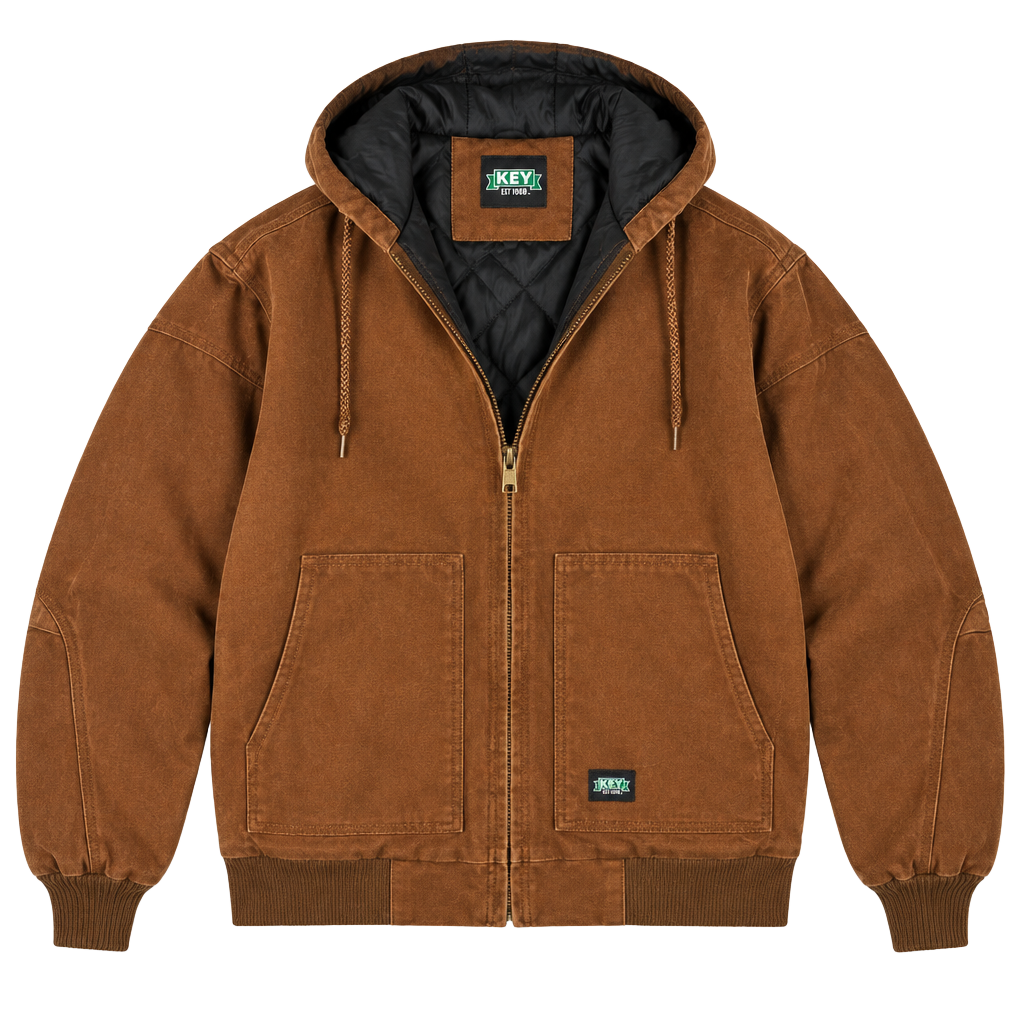 KEY Mens Jacket Canvas Hooded Quilted Workwear Insulated Brown 2XLR 1