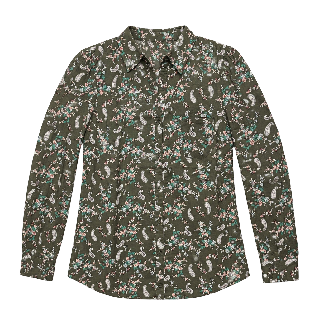 Women’s long sleeve Floral Paisley Button Down Blouse Size M Olive Green 1