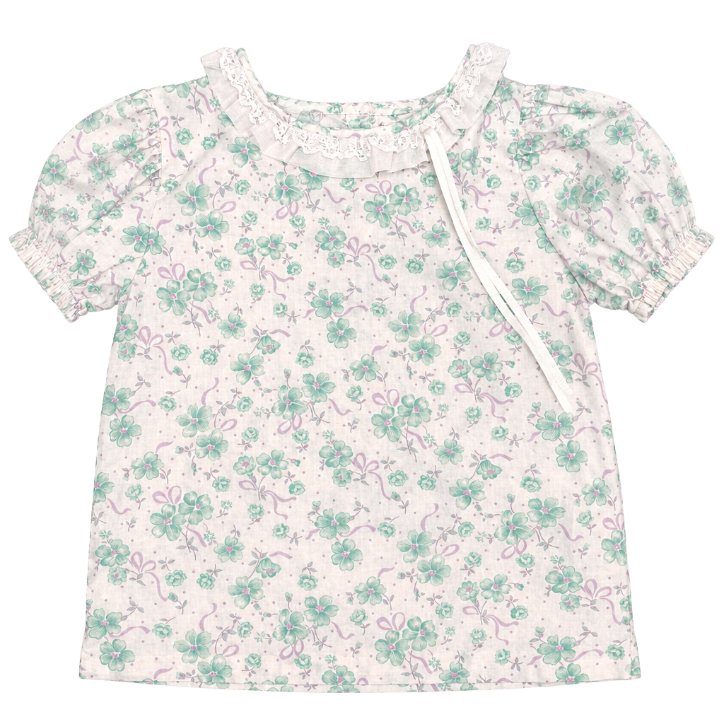 Kid’s Floral Top Size 6X White Green Cotton Lace 1