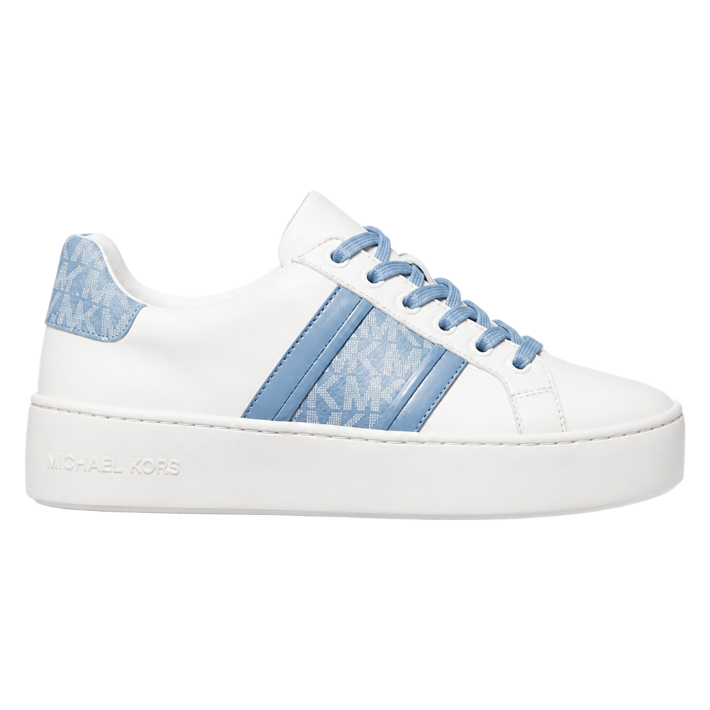 Michael Kors Poppy Leather & Logo Stripe Sneaker,White/Blue,Size 5.5 1