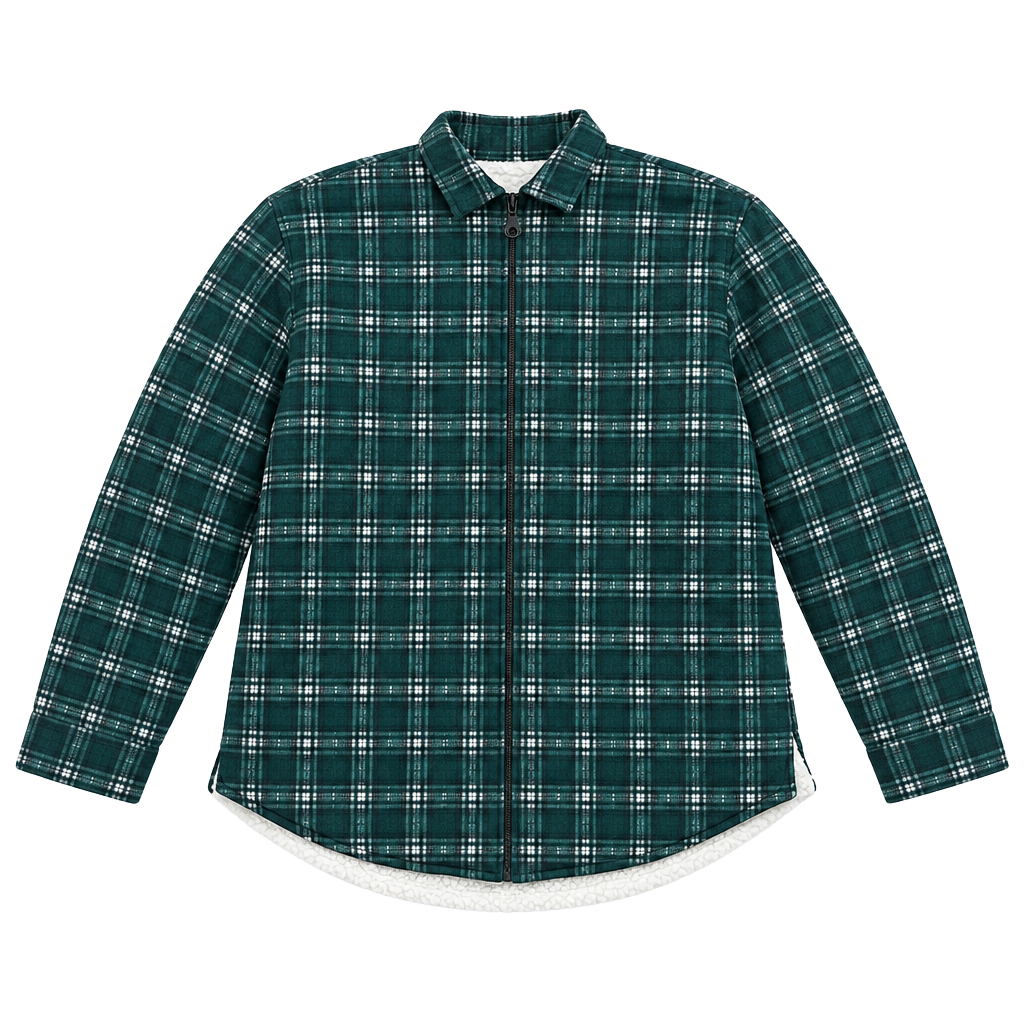 American Culture Zip Plaid Flannel Shirt Size L Green Sherpa Lined 1