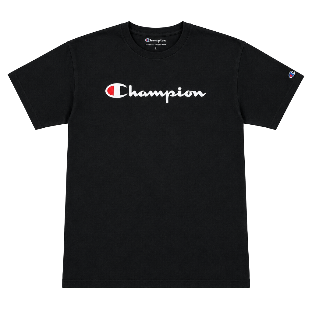 Champion Script Logo T-Shirt Size L Black Cotton Graphic 1