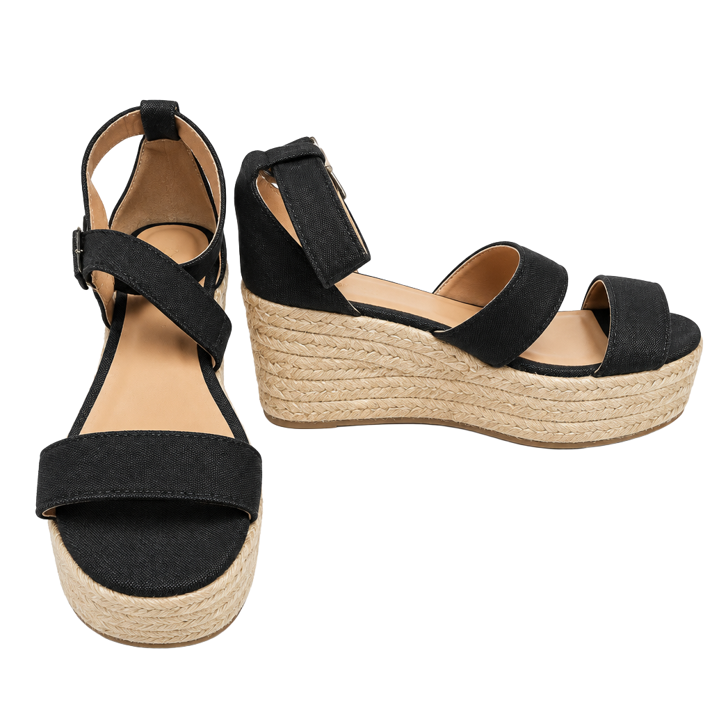 Qupid Women's Black Suede Wedge Espadrille Sandals with Ankle Strap and Buckle 7 1