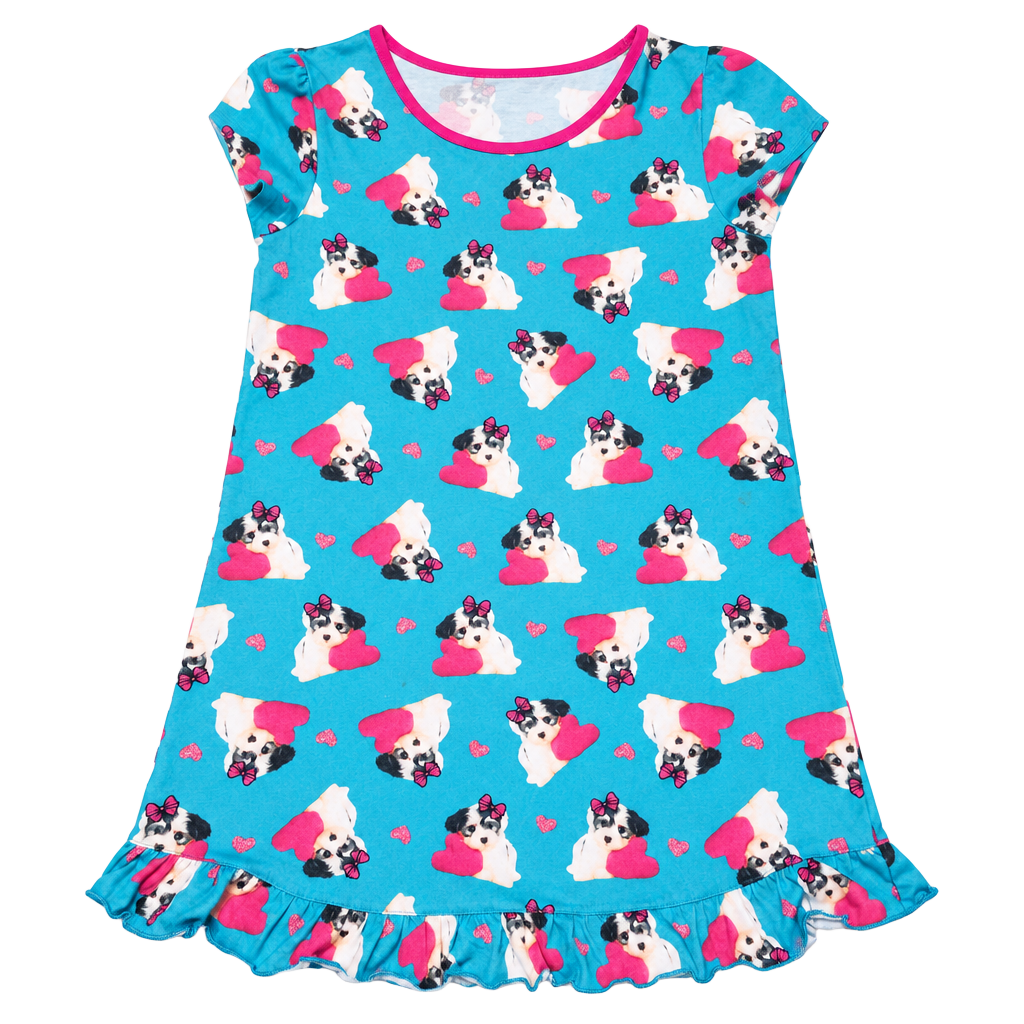 Girls Sleepwear Puppy Dog Heart Print Nightgown Size L 10/12 Blue Pink 1