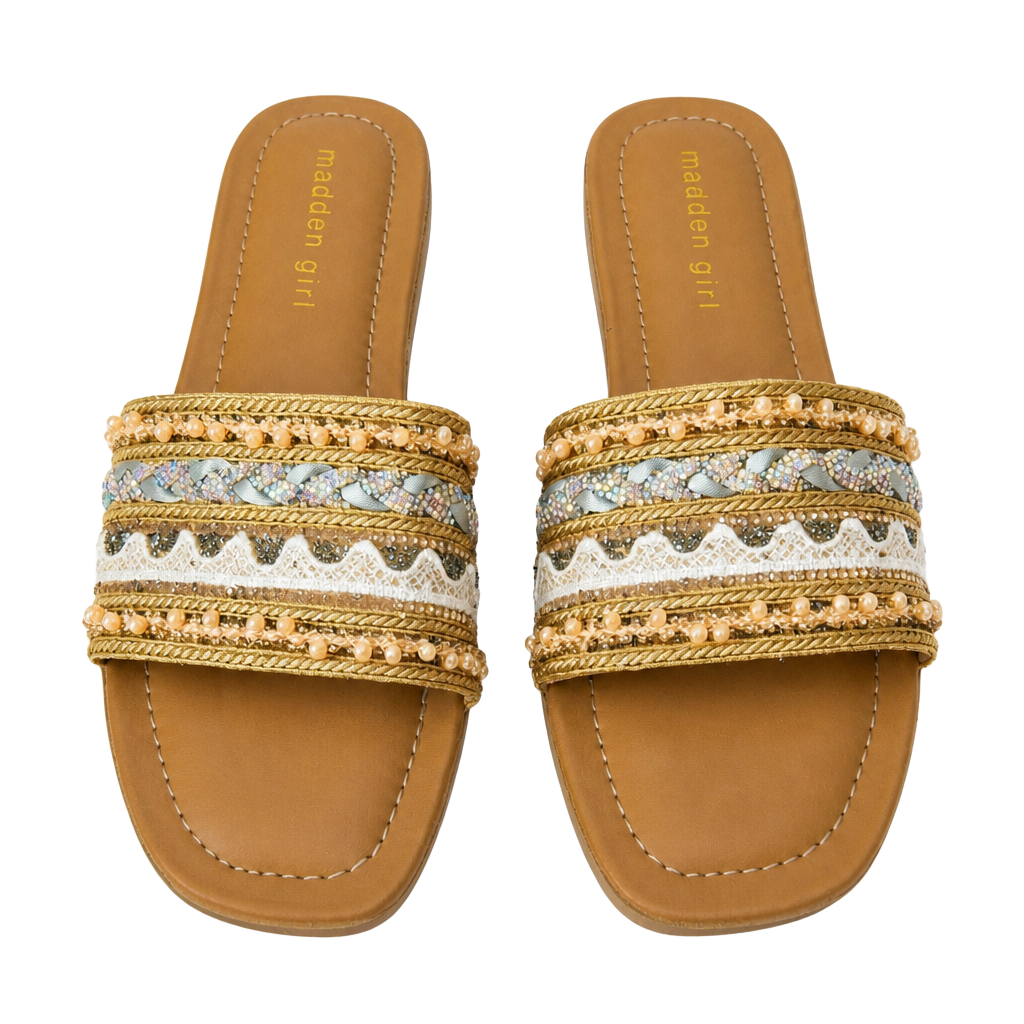 Madden Girl Women's Tan/Gold Rhinestone Beaded Slide Sandals Open Toe Size 7 1