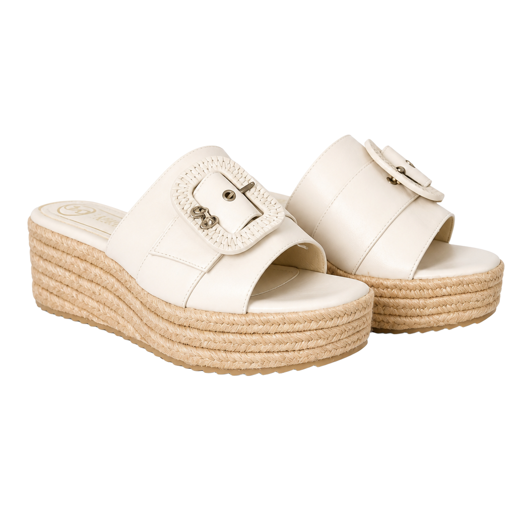 Sam & Libby Ivory Buckle Platform Espadrille Wedge Slide Sandals 1