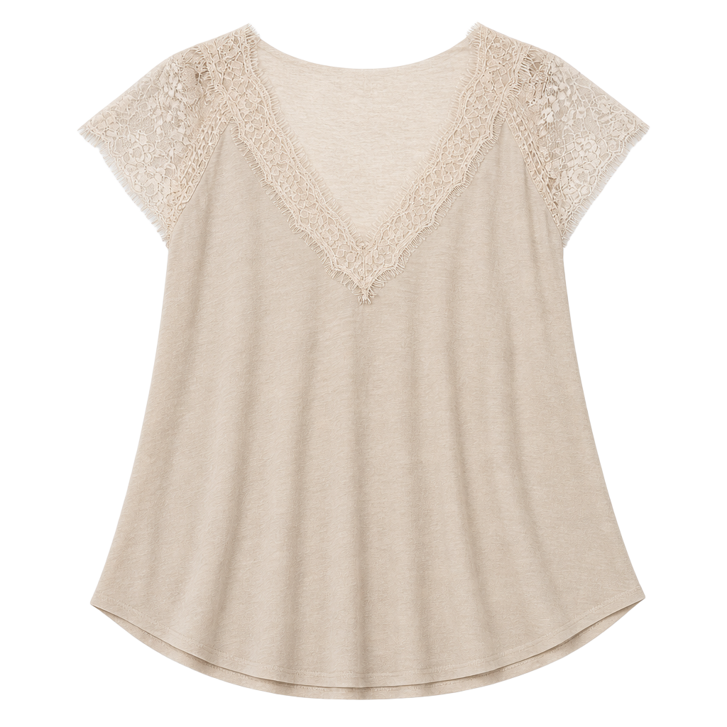 POL Beige Lace Cap Sleeve V-Neck Knit Top 1