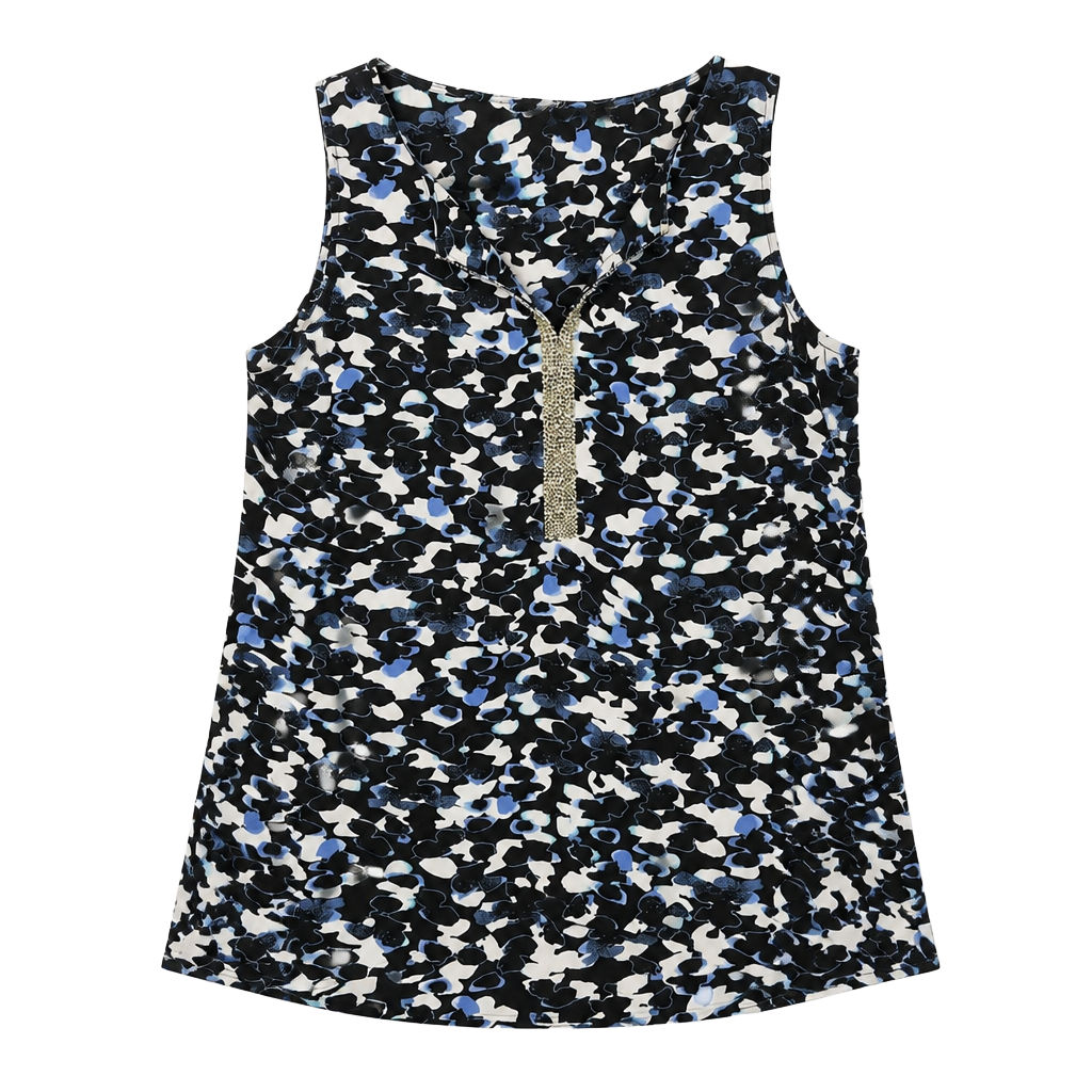 Juicy Couture Abstract Print Sleeveless Blouse Rhinestone/Asymmetric Hem Sz S 1