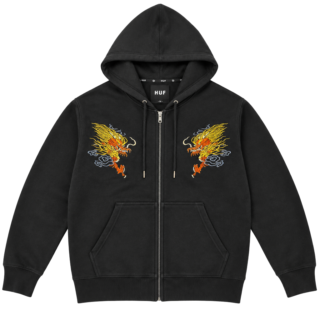 HUF Hoodie Size M Black Dragon Embroidered Pullover Sweatshirt 1
