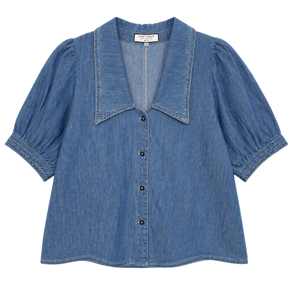 Bagatelle Denim Sailor Blouse with Puff Sleeves 1