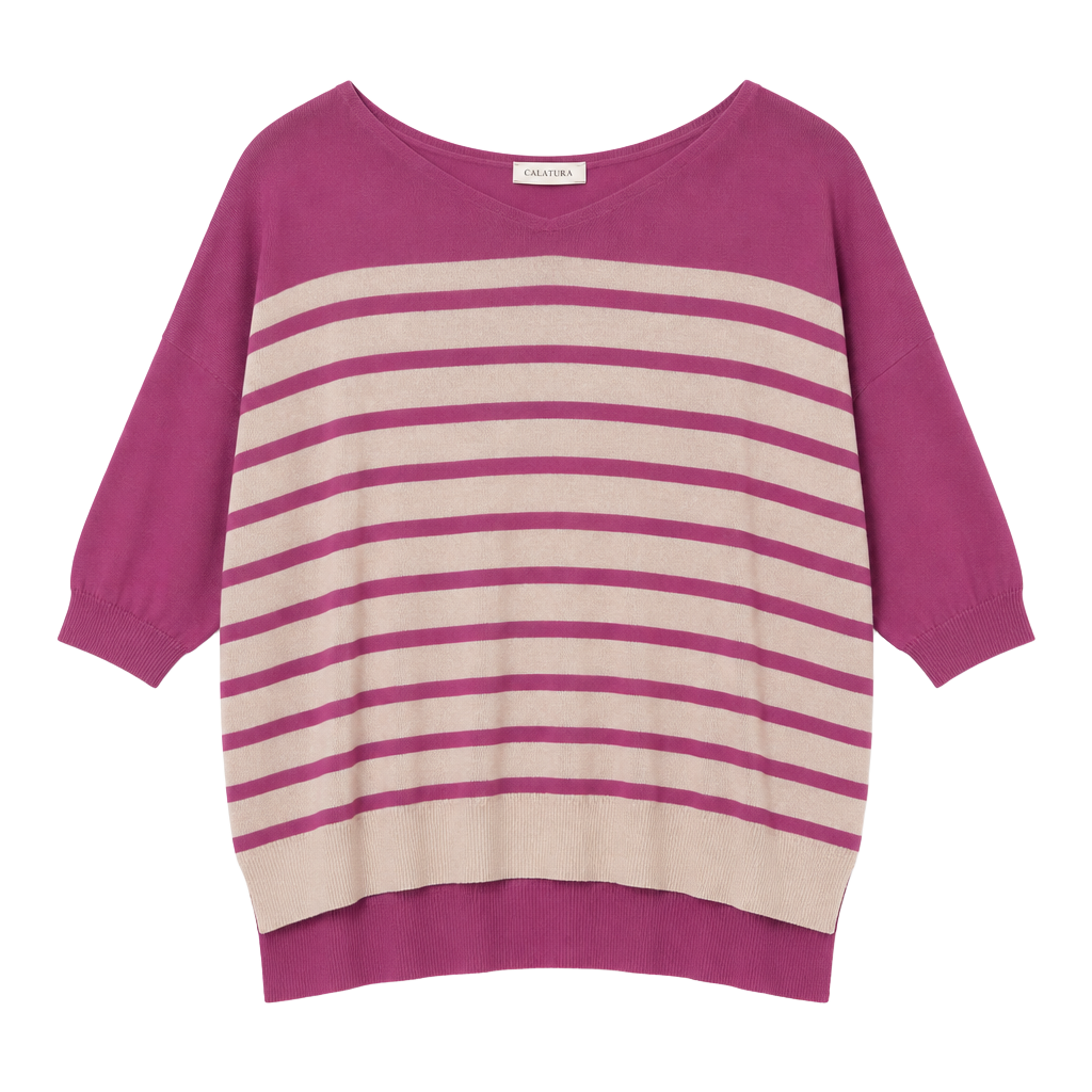 Calatura Pink and Cream Striped Short Sleeve Lightweight Sweater Top 1