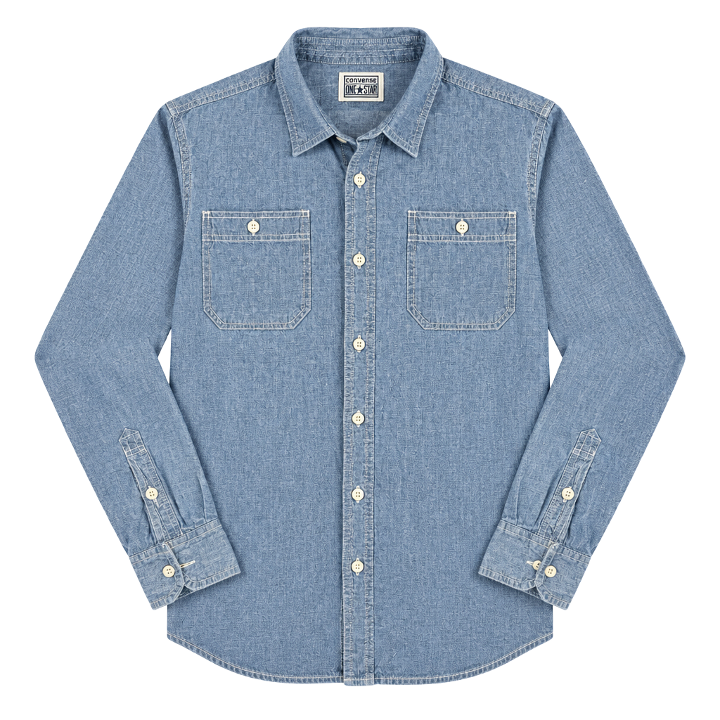 Converse One Star Chambray Work Shirt Size L Blue Long Sleeve 1