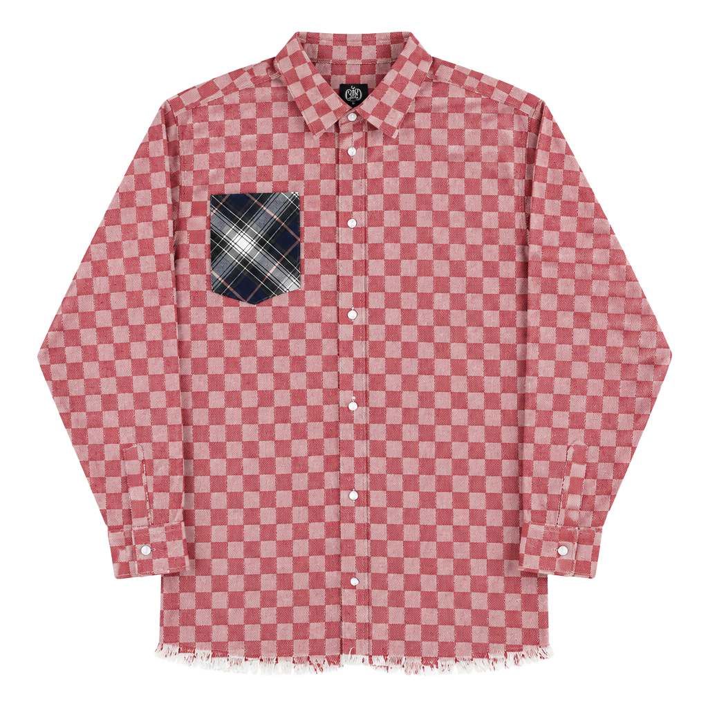 One24 Rags Checkered Flannel Shirt Size Large Red Pocket Frayed Hem 1