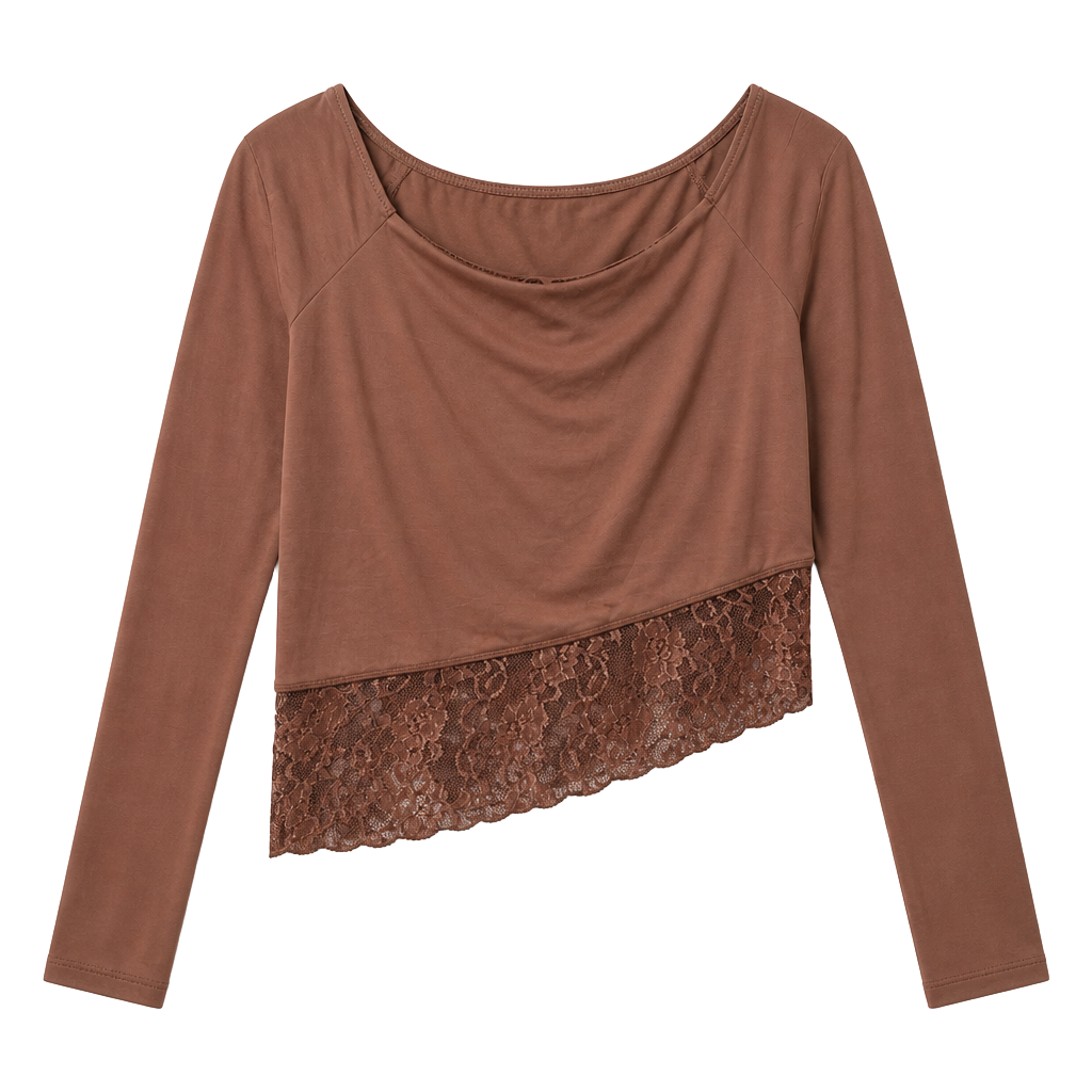 White Fox Perfect Timing Off The Shoulder Long Sleeve Crop Top in Chocolate 1