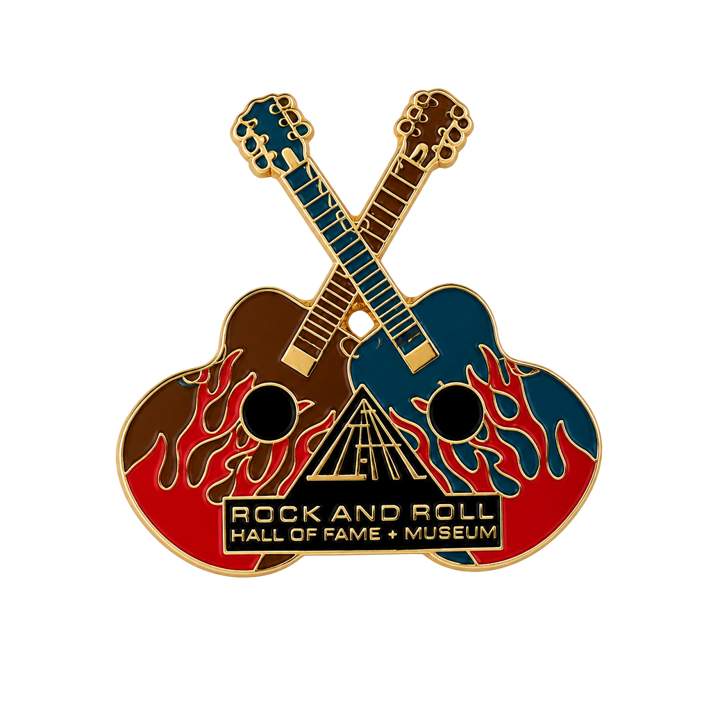 Vintage Rock and Roll Hall of Fame Cleveland Double Acoustic Guitar Flame Enamel Pin 1