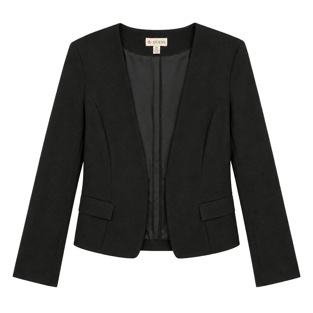 Guess Blazer Women’s Size S Black Open Front Sheer Back Collarless Jacket 1