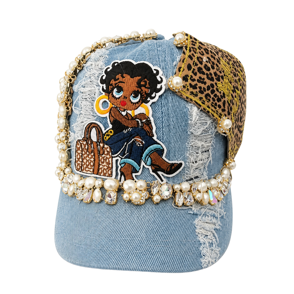 Custom Embellished Distressed Denim Baseball Cap with Betty Boop and Coach Accents 1