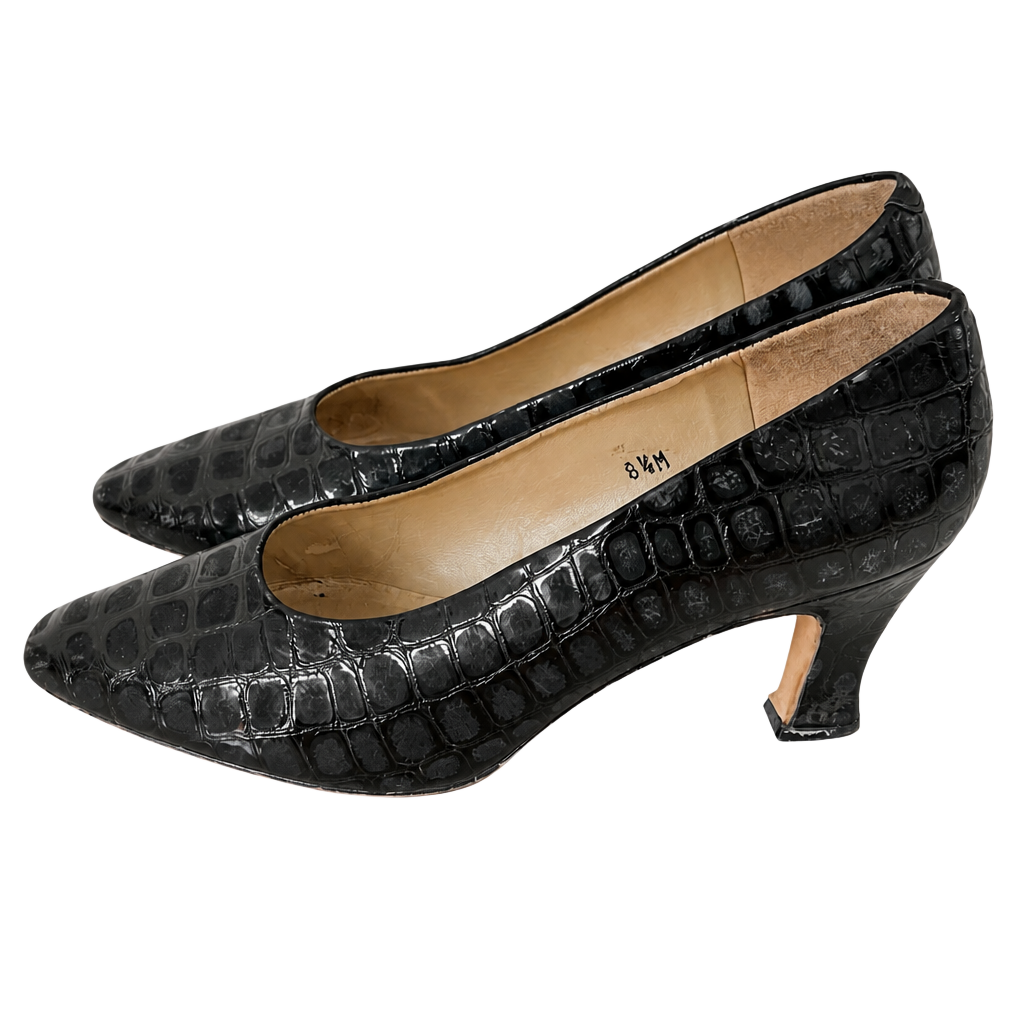Bandolino vtg Black Patent Crocodile Embossed Leather Pumps 8.5M Made in Spain 1