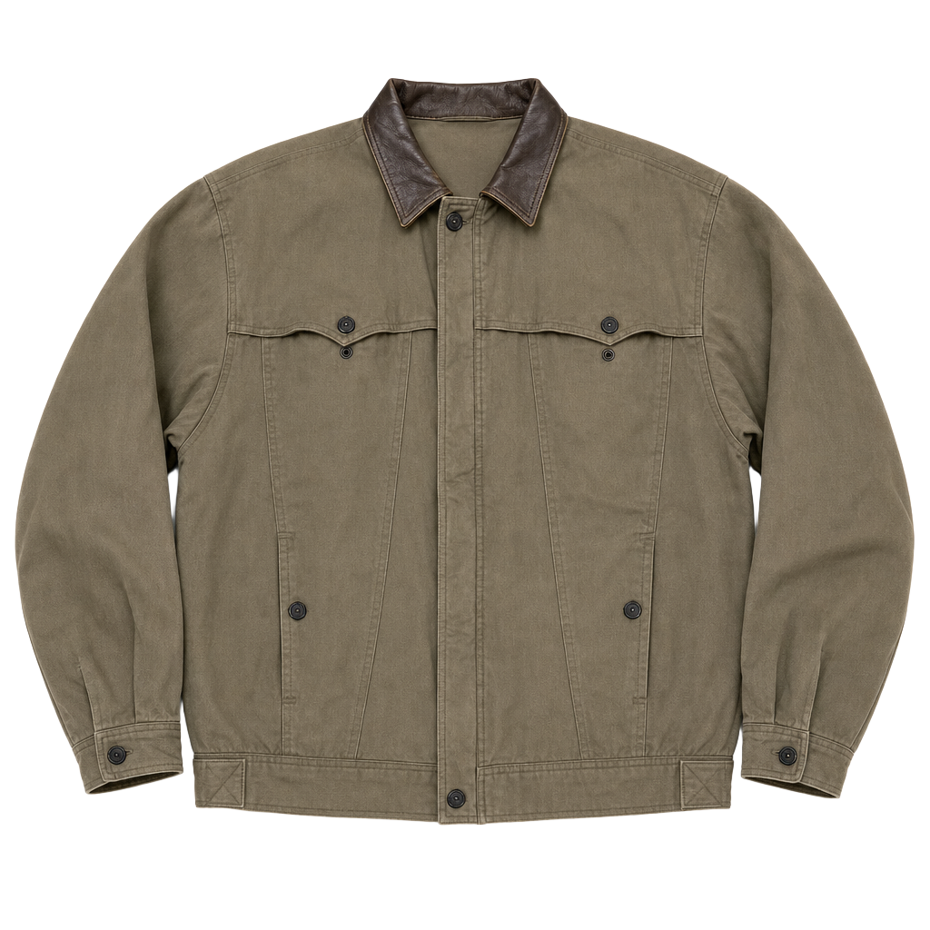 Vintage Mirage Mixed Media Leather Collar Canvas Trucker Jacket 1