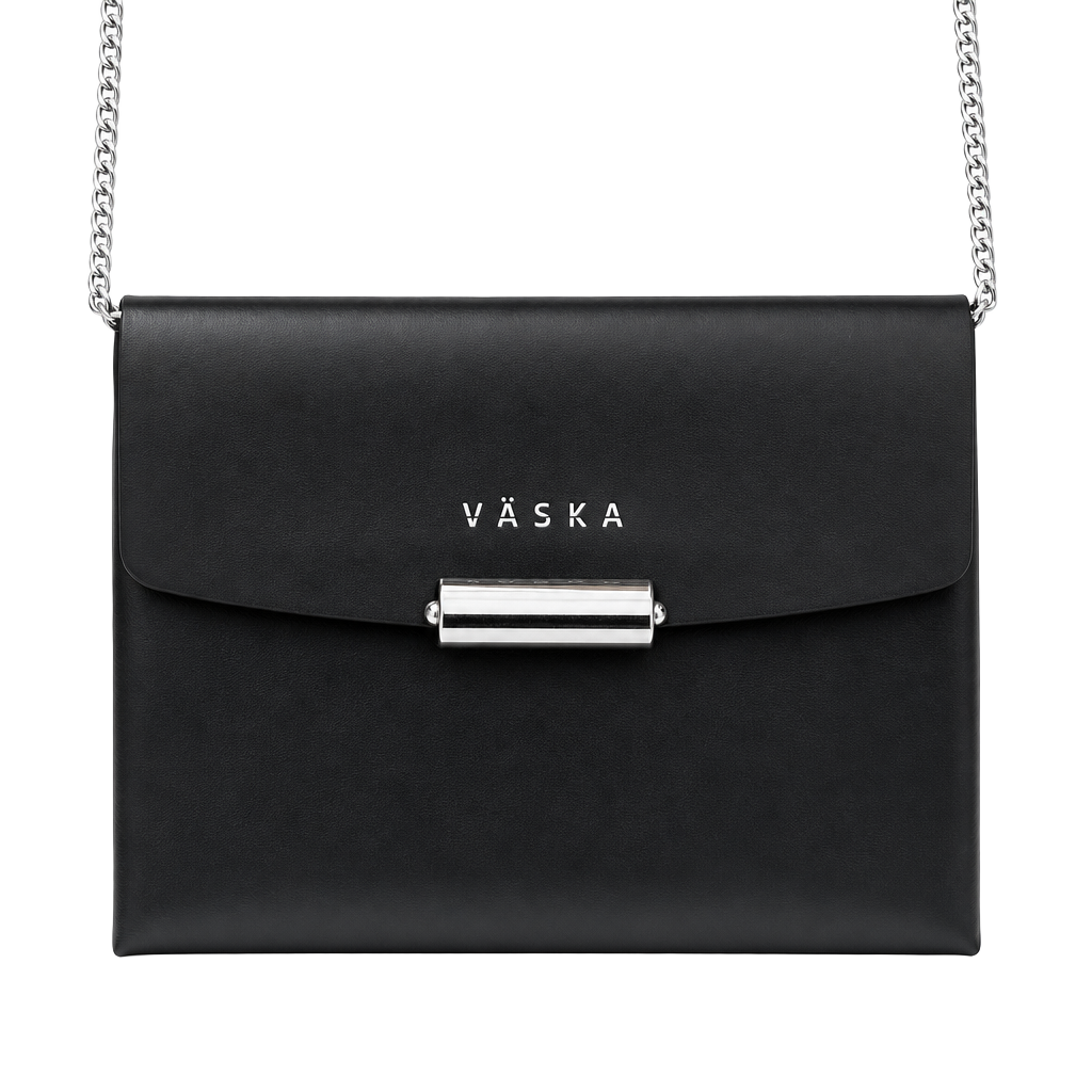 Väska Black Leather Minimalist Crossbody Clutch with Chain Strap 1