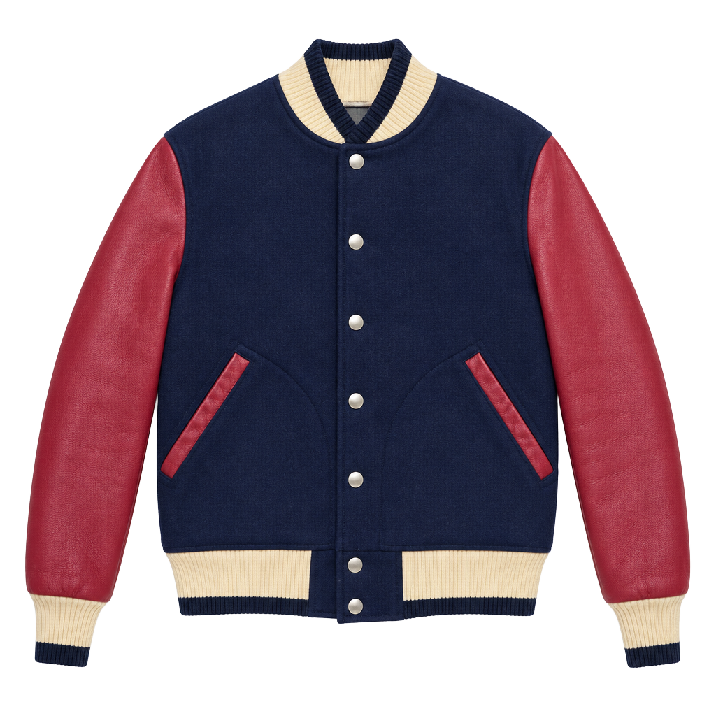 Thom Browne Inspired Wool and Leather Varsity Jacket Size 2 Navy Red 1
