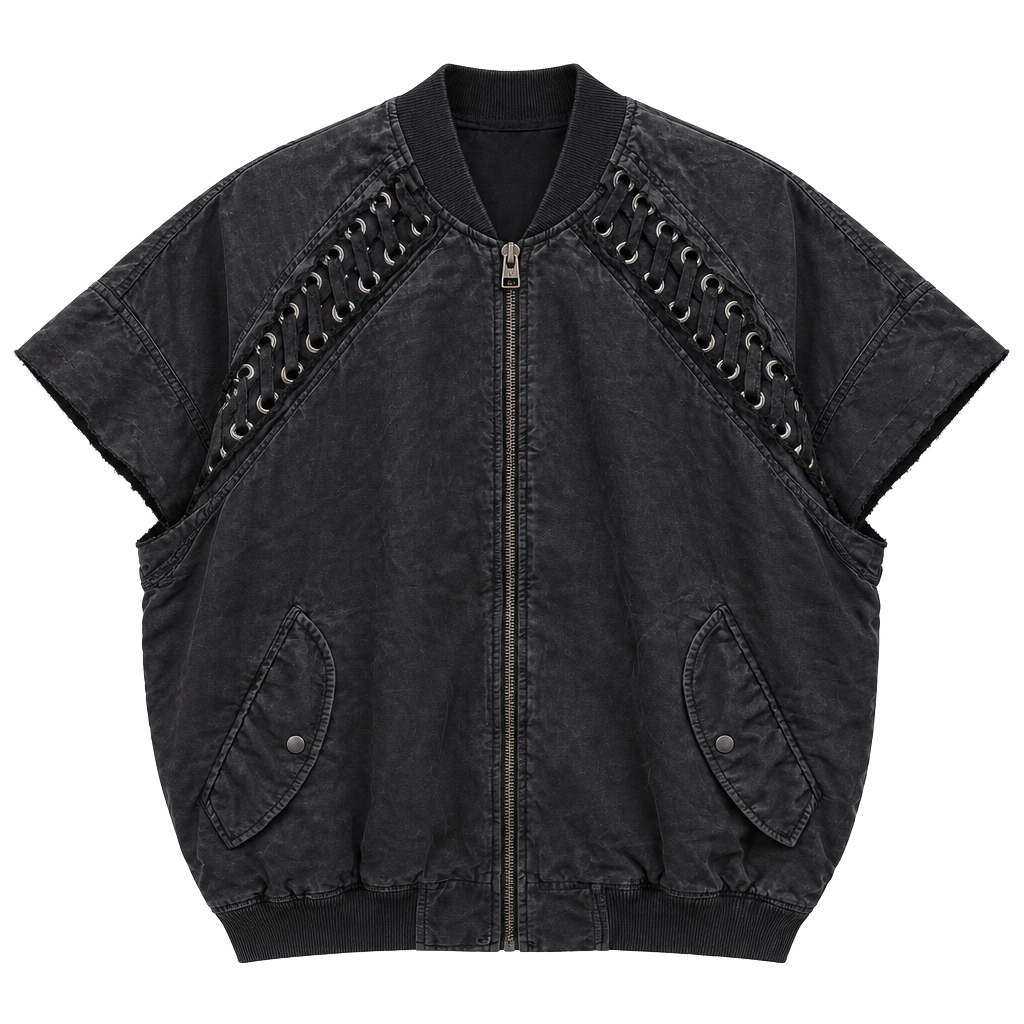 Faith Connexion Black Bomber Vest With Lace-Up Details And Frayed Sleeves Sz L 1