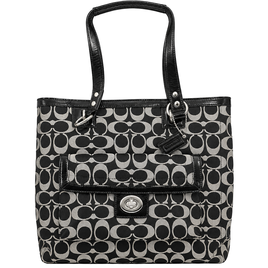 Coach Signature Sateen Black and White Tote Bag F19262 1