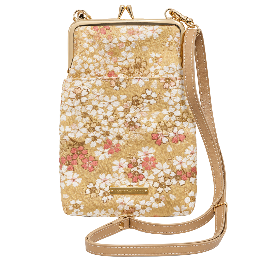 Tomorrow Fabric Crossbody Bag Gold Cherry Blossom Floral Kiss Lock Purse 1