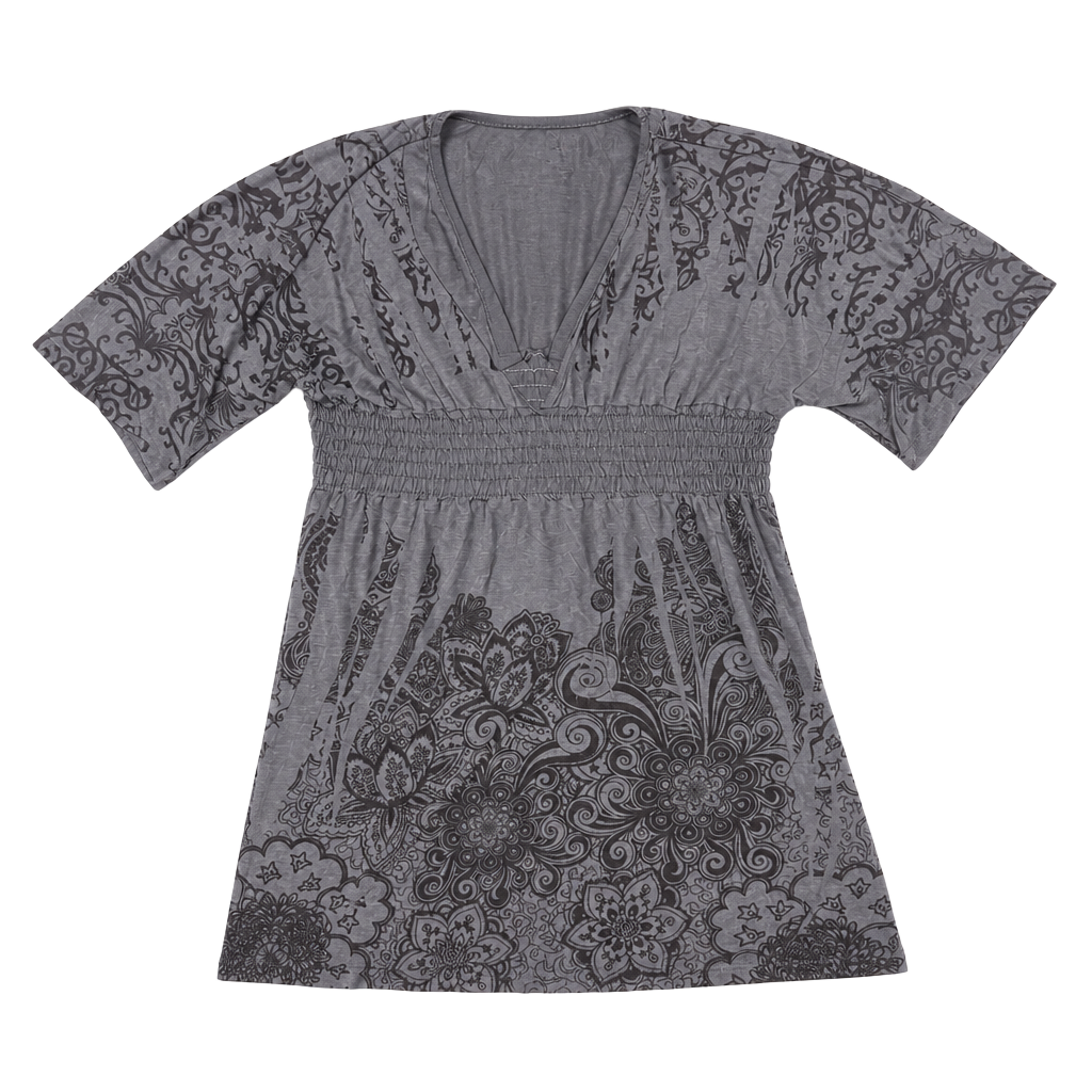 Y2K Joy Gray Paisley Print Smocked Waist Boho Tunic Top 1